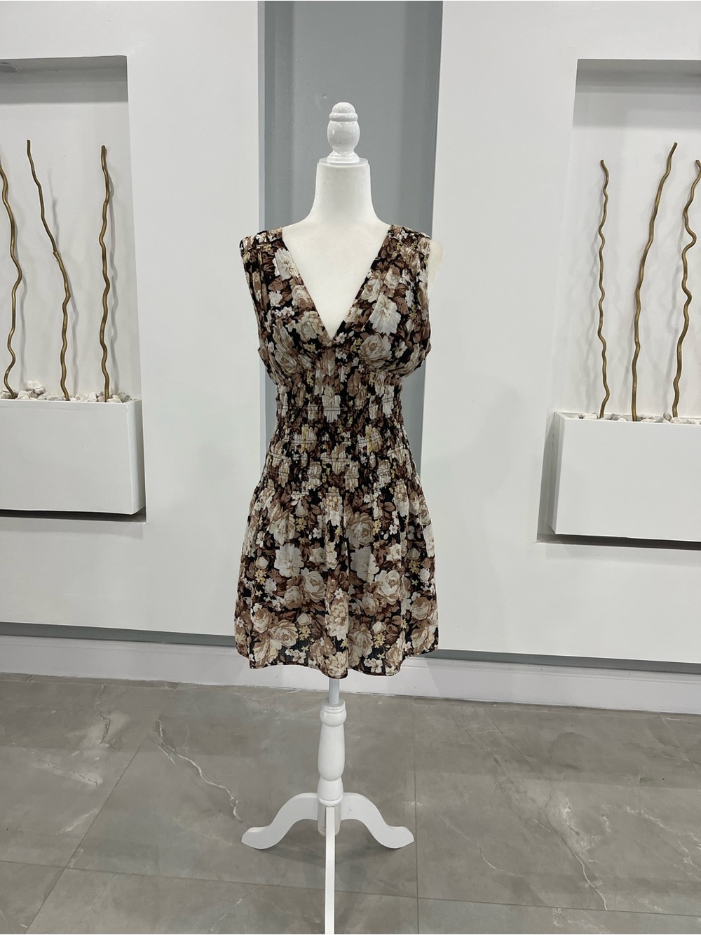 Abercrombie & Fitch Brown Floral Smocked V-Neck Mini Dress